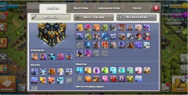 COC277 TH17 5 Builders 1687 Gems BK43 AQ47 Warden24 RC16 Battle Machine38 Spiky Ball Gauntlet Black Crown Fire Ball Heroic Boots Rocket Spear Electro Titan